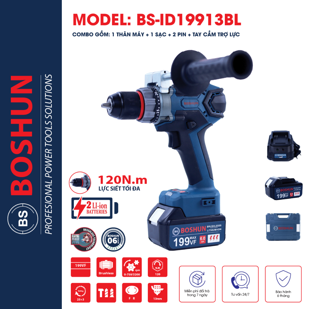 Khoan pin 3 chức năng BOSHUN BS-19913BL Không chổi than, Máy khoan pin đầu kẹm 13mm có autolock ruột đồng 100%