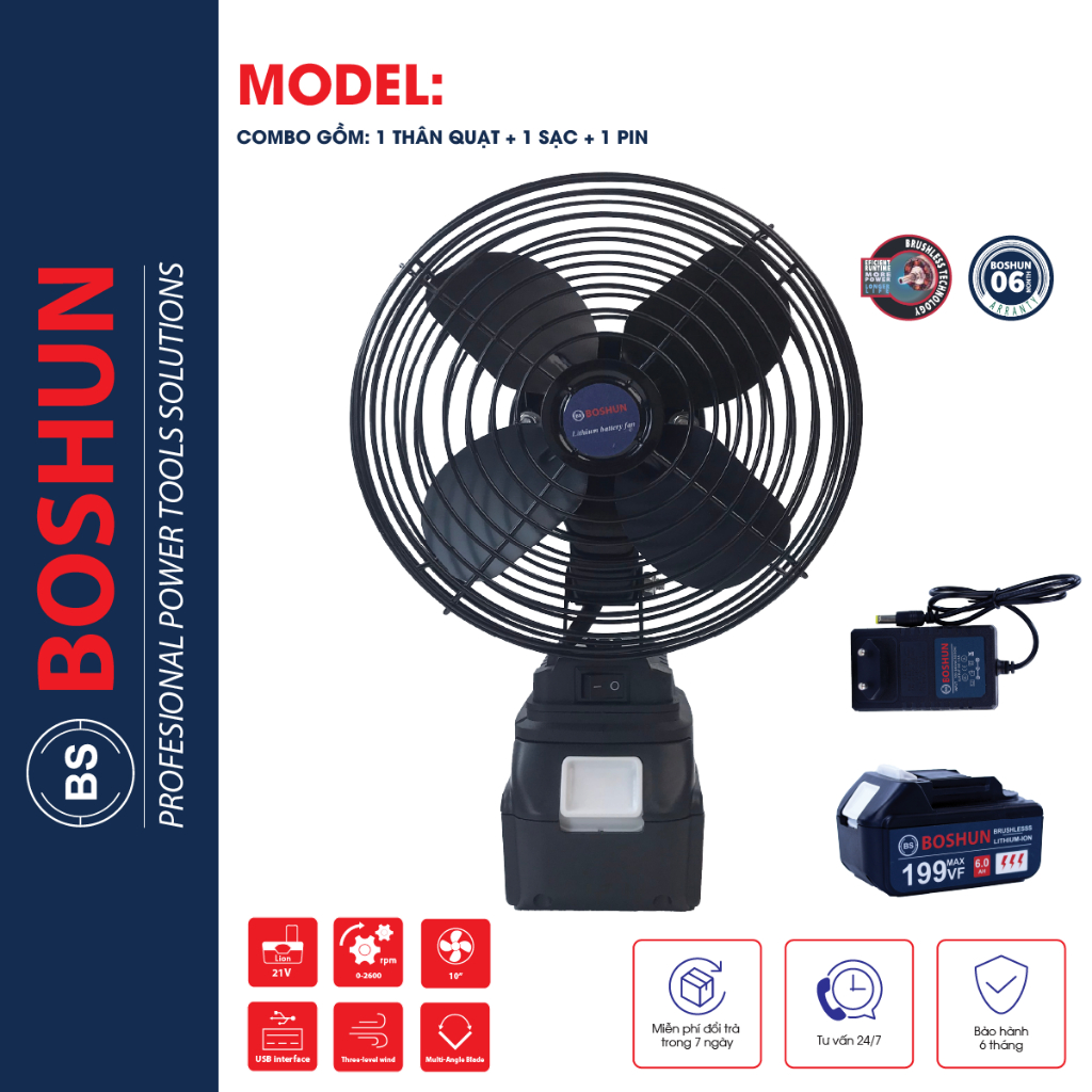 Quạt Tích Điện Boshun 6icnh Quạt Chạy Pin 10 Cell Chân Pin Makita Phổ Thông bảo hành 12 tháng
