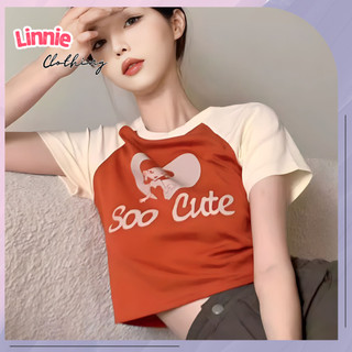 Áo croptop nữ Linnie ngắn tay phối màu in chữ Soo Cute, Áo kiểu nữ ôm body chất borip mềm mịn L22