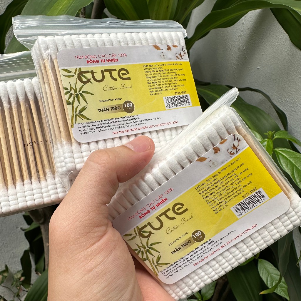 Tăm Bông Cao Cấp Cute 100% Bông Tự Nhiên - Bông Tăm Thân Trúc Túi 100 Cây - Tăm Bông Thân Gỗ