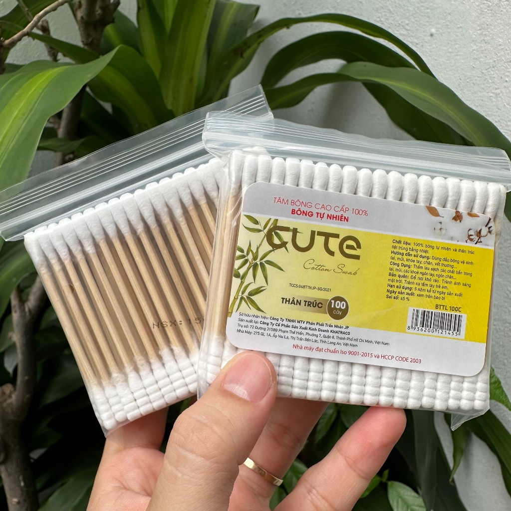 Tăm Bông Cao Cấp Cute 100% Bông Tự Nhiên - Bông Tăm Thân Trúc Túi 100 Cây - Tăm Bông Thân Gỗ