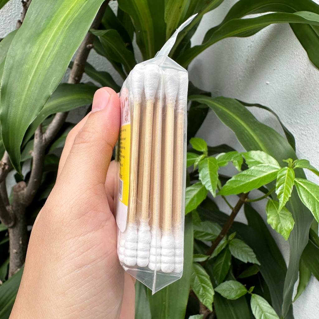 Tăm Bông Cao Cấp Cute 100% Bông Tự Nhiên - Bông Tăm Thân Trúc Túi 100 Cây - Tăm Bông Thân Gỗ