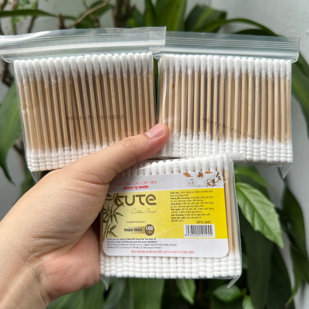 Tăm Bông Cao Cấp Cute 100% Bông Tự Nhiên - Bông Tăm Thân Trúc Túi 100 Cây - Tăm Bông Thân Gỗ