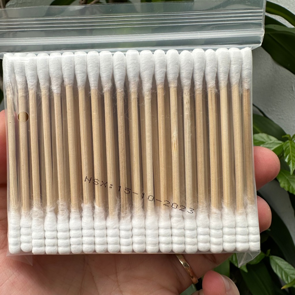 Tăm Bông Cao Cấp Cute 100% Bông Tự Nhiên - Bông Tăm Thân Trúc Túi 100 Cây - Tăm Bông Thân Gỗ