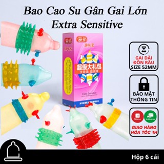 (Che Tên) Bao Cao Su Đôn Gân Gai To Extra Sensitive Tăng Thời Gian - Hộp 6 Cái BCS 6 Kiểu Khác Nhau