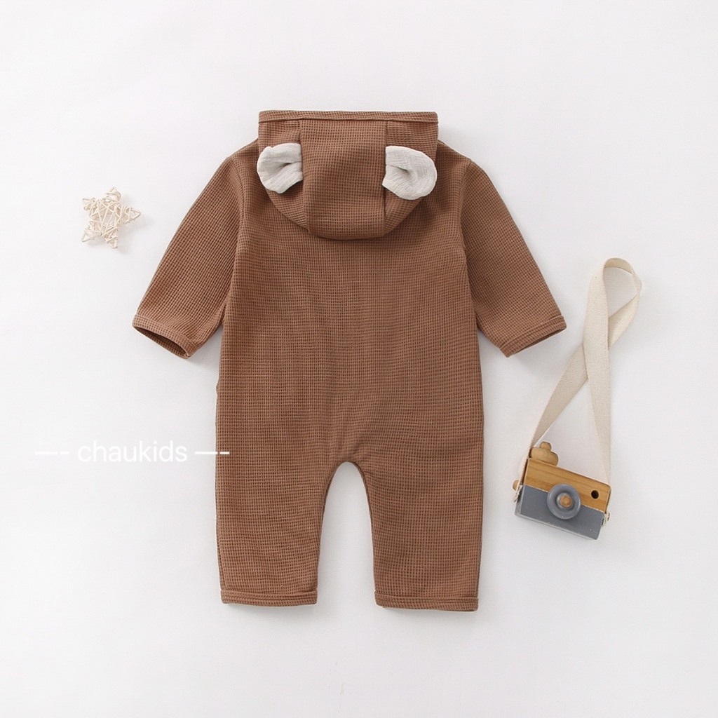 Bộ Body dài tay có mũ tai gấu chất thun tổ ong màu nâu/be cho trẻ sơ sinh từ 4-11kg