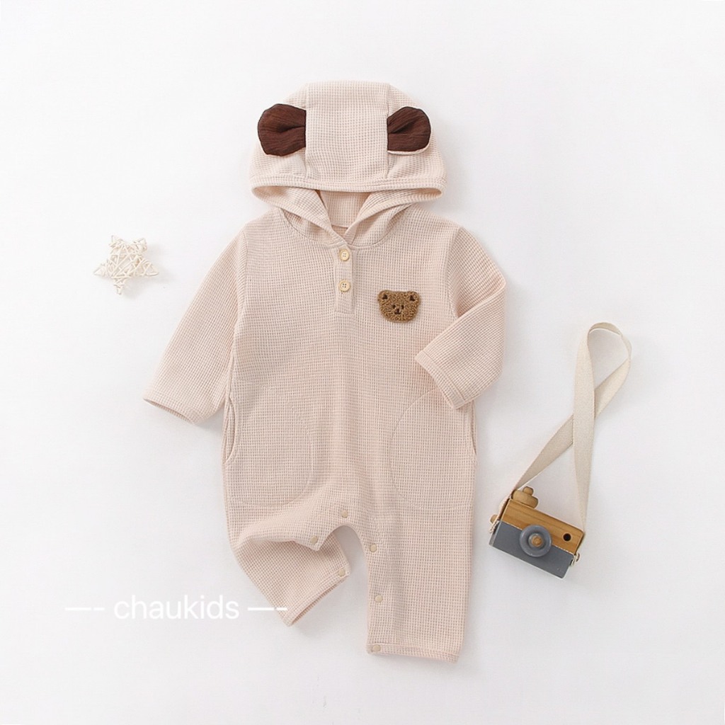 Bộ Body dài tay có mũ tai gấu chất thun tổ ong màu nâu/be cho trẻ sơ sinh từ 4-11kg