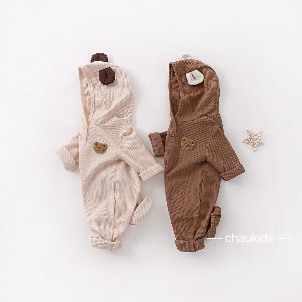 Bộ Body dài tay có mũ tai gấu chất thun tổ ong màu nâu/be cho trẻ sơ sinh từ 4-11kg