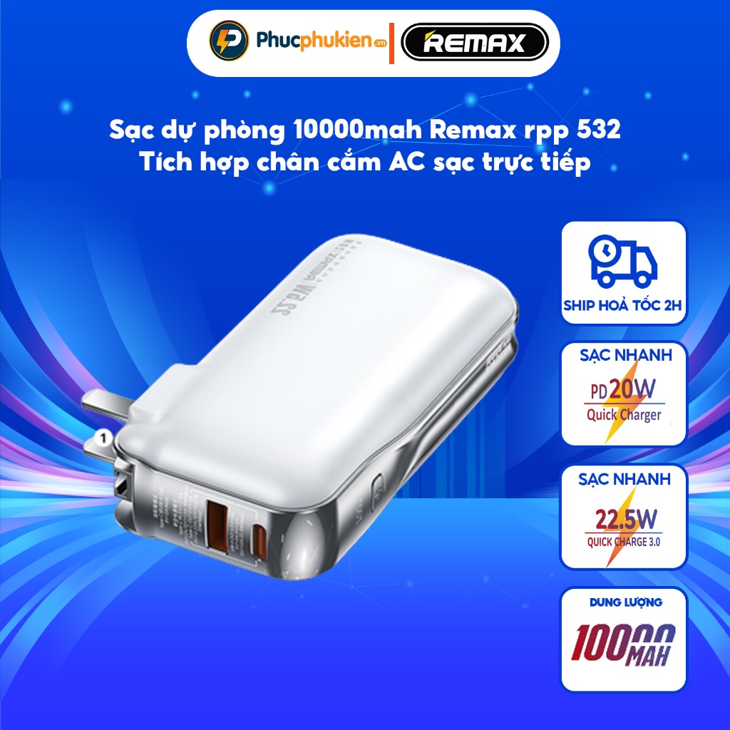 Remax rpp 532 - Sạc pin dự phòng 10000mah kiêm củ sạc Remax có sẵn dây sạc type c 22,5w và lighning 20w - Phúc Phụ Kiện