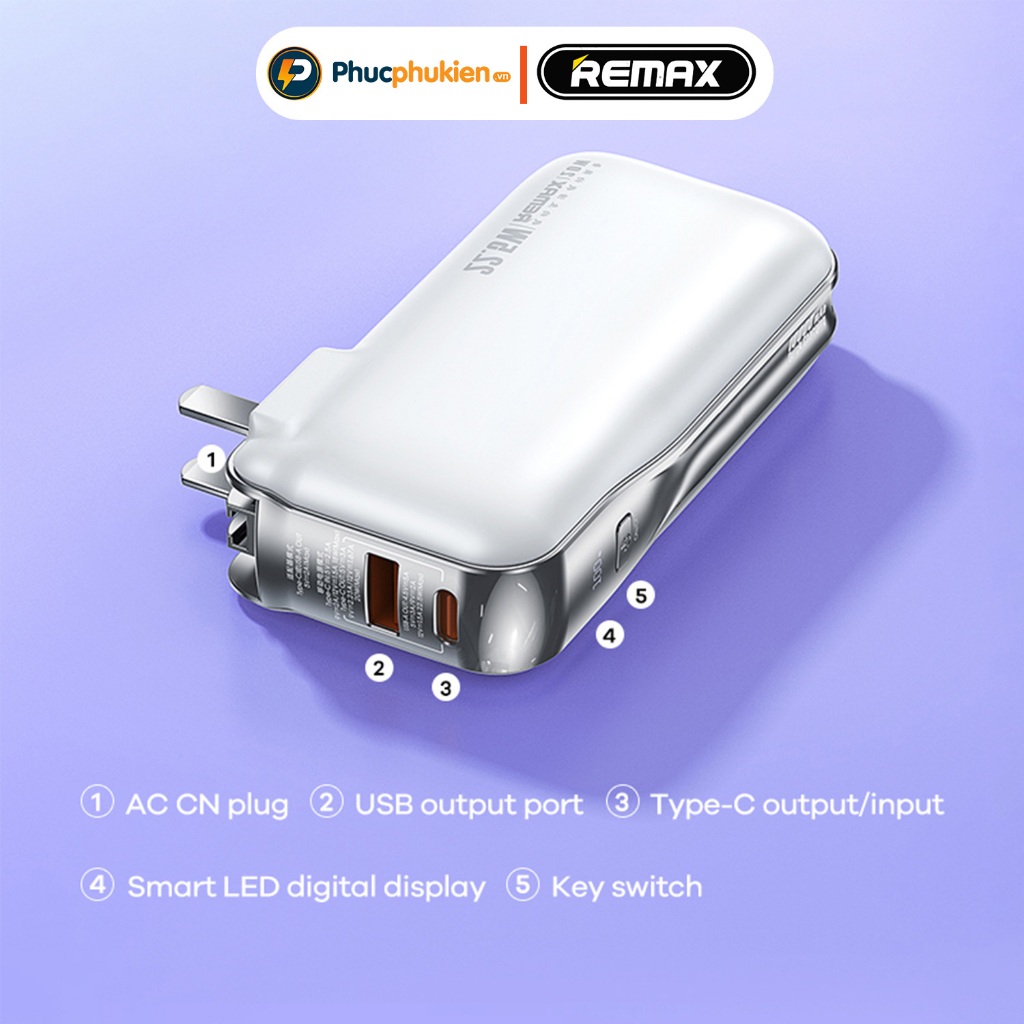 Remax rpp 532 - Sạc pin dự phòng 10000mah kiêm củ sạc Remax có sẵn dây sạc type c 22,5w và lighning 20w - Phúc Phụ Kiện