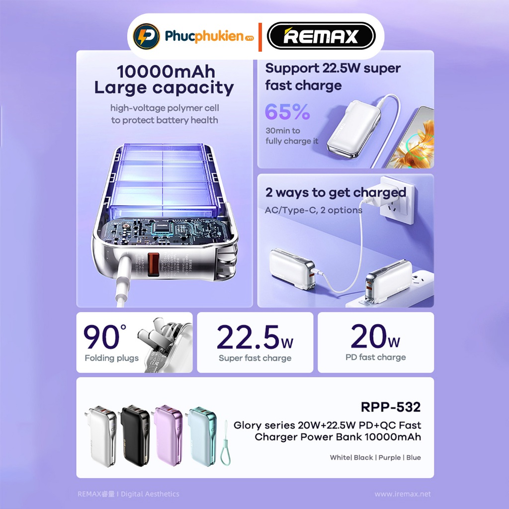 Remax rpp 532 - Sạc pin dự phòng 10000mah kiêm củ sạc Remax có sẵn dây sạc type c 22,5w và lighning 20w - Phúc Phụ Kiện