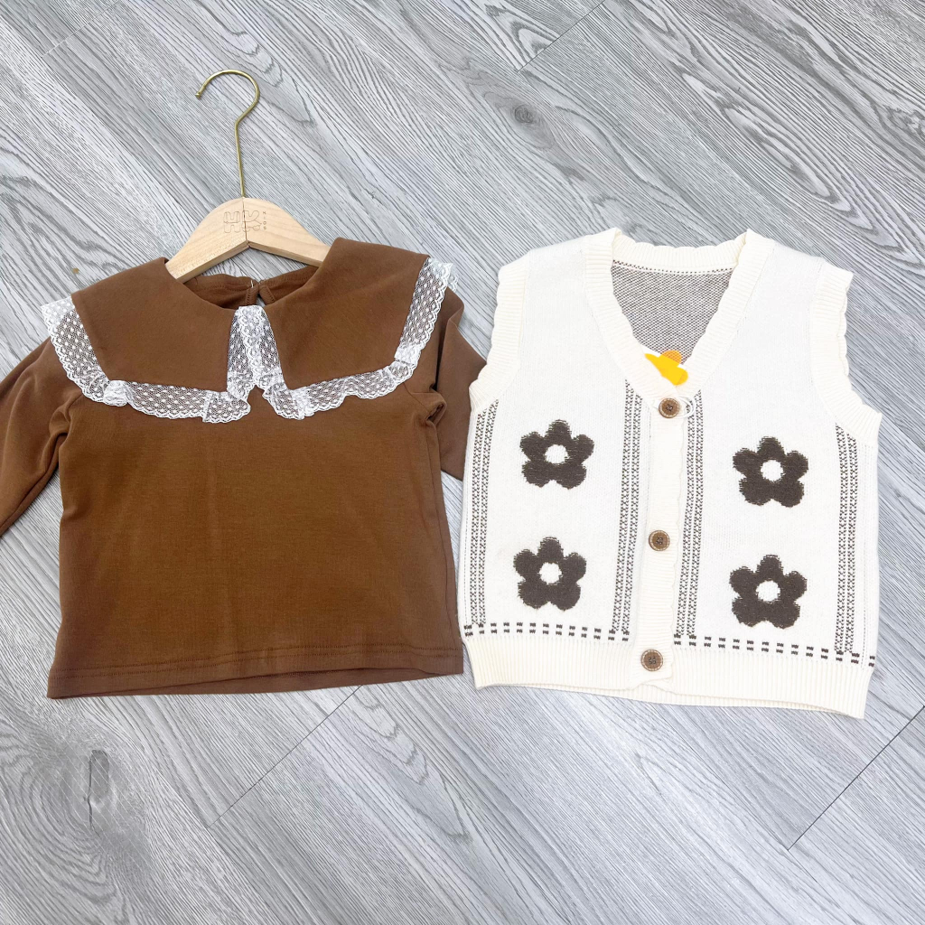Sét áo nỉ dài tay + gile len cho bé HK KIDS, set thu đông thời trang Quảng Châu cho bé gái từ 3 đến 7 tuổi