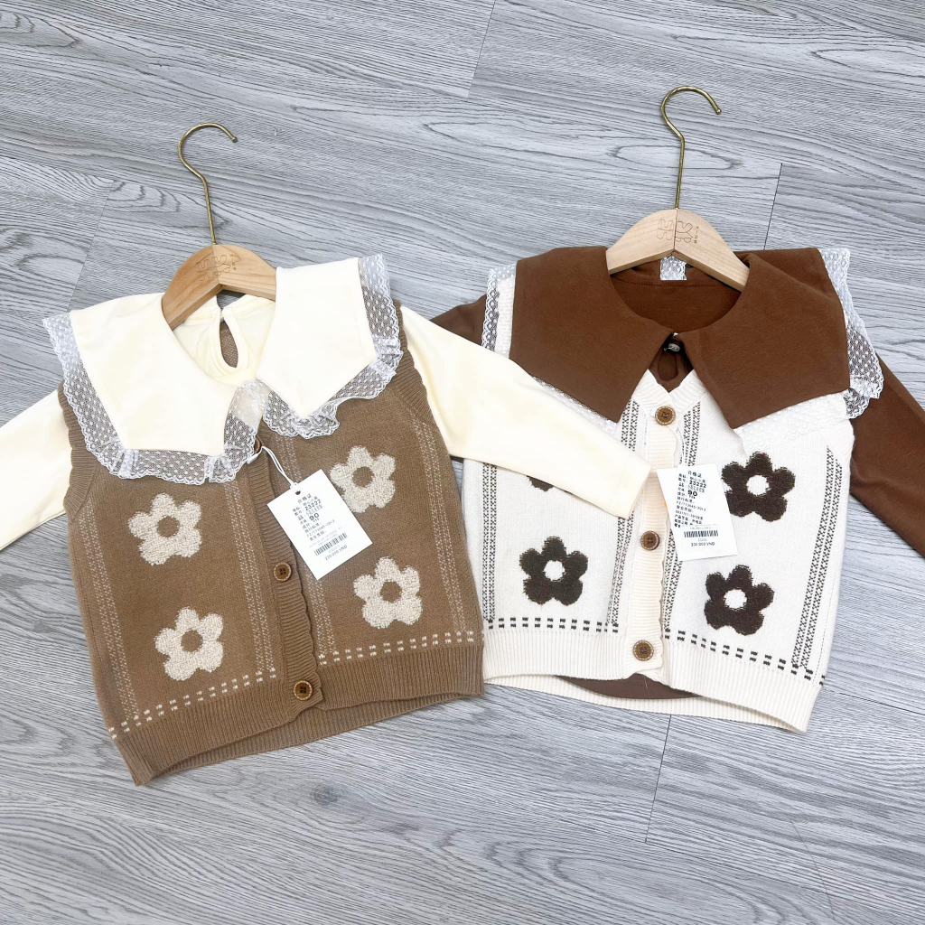 Sét áo nỉ dài tay + gile len cho bé HK KIDS, set thu đông thời trang Quảng Châu cho bé gái từ 3 đến 7 tuổi