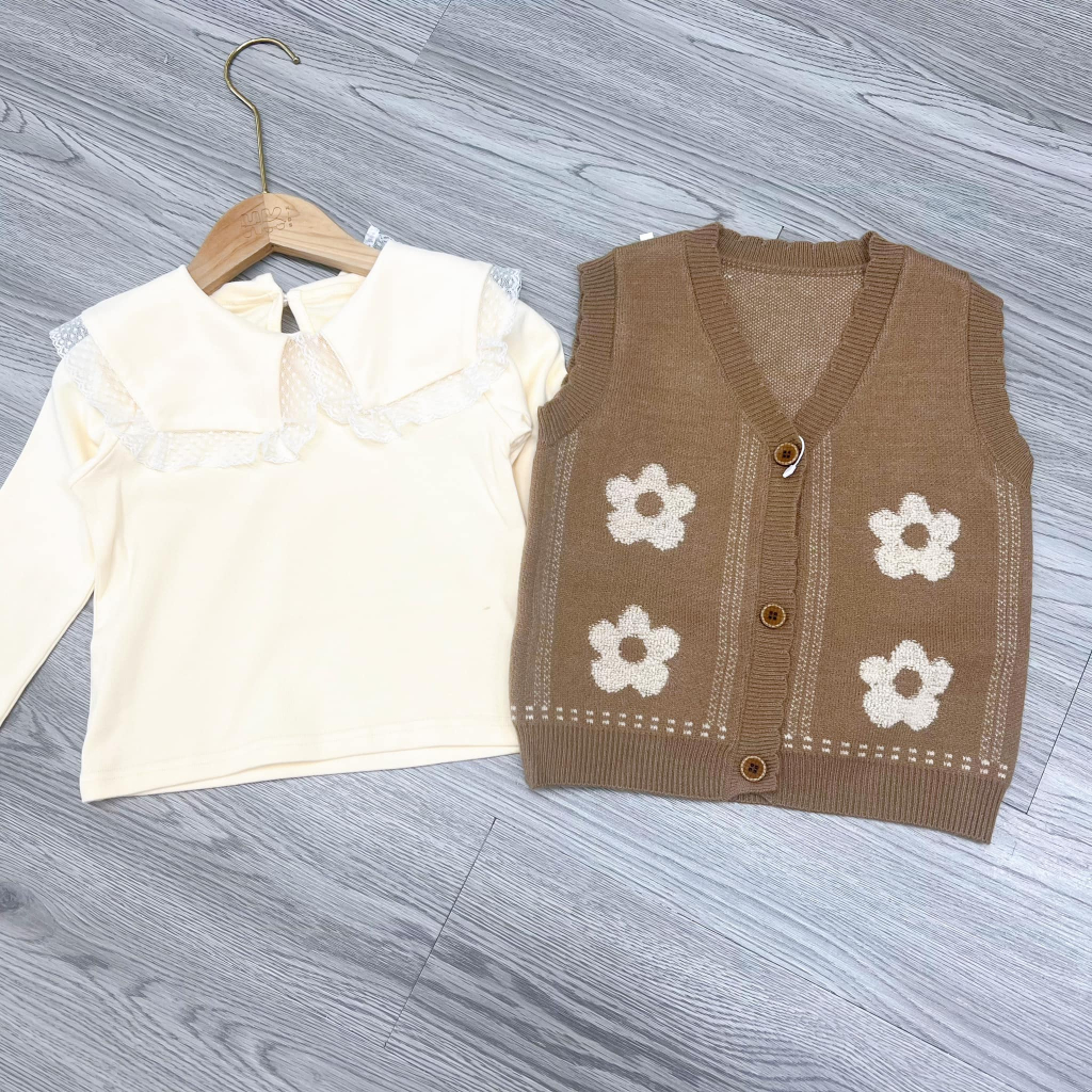 Sét áo nỉ dài tay + gile len cho bé HK KIDS, set thu đông thời trang Quảng Châu cho bé gái từ 3 đến 7 tuổi