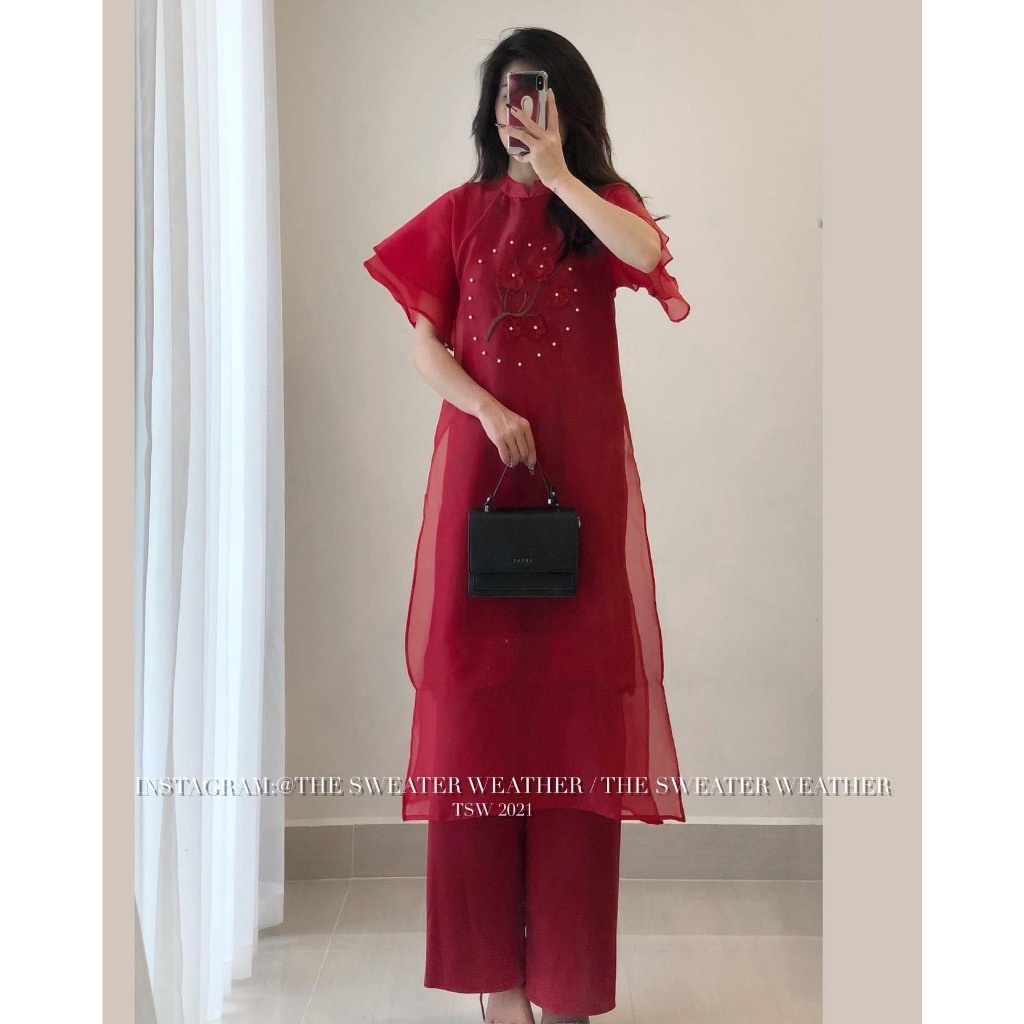 Set áo dài tơ hoa đào thêu nổi chất voan sước,Áo dài cách tân Tết tay ngắn 2 lớp bồng đính hoa kèm quần lụa GUM OFFICIAL