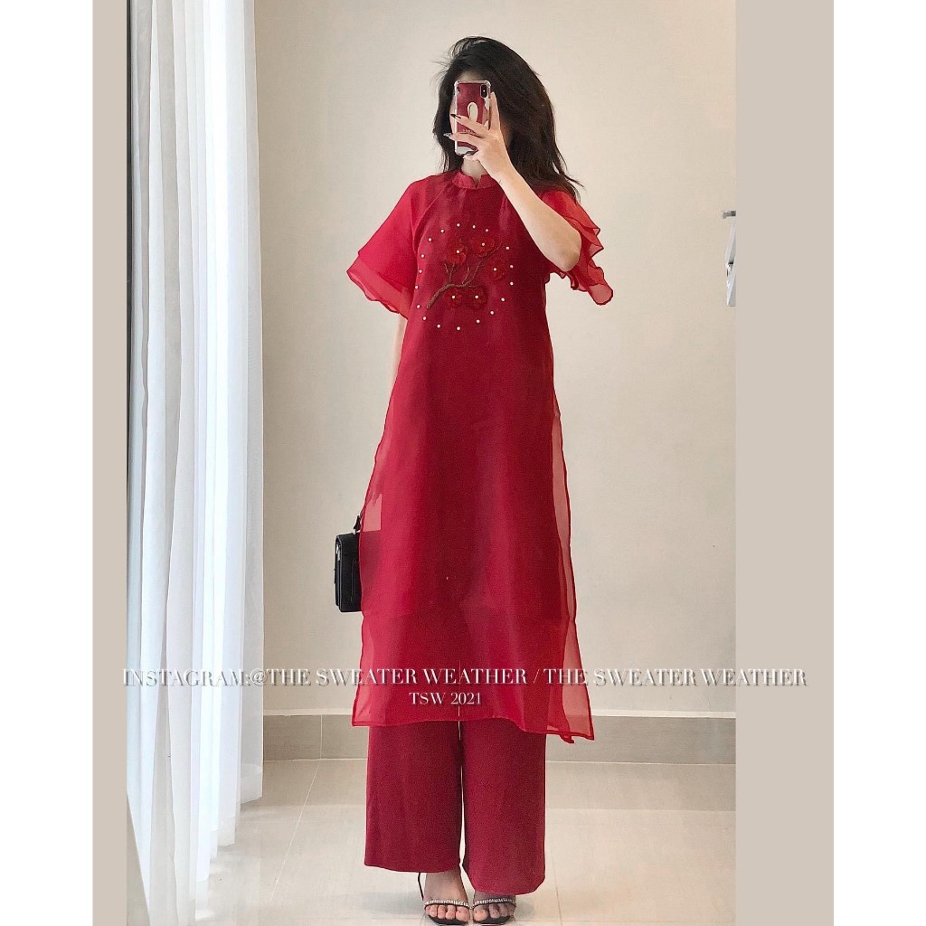 Set áo dài tơ hoa đào thêu nổi chất voan sước,Áo dài cách tân Tết tay ngắn 2 lớp bồng đính hoa kèm quần lụa GUM OFFICIAL