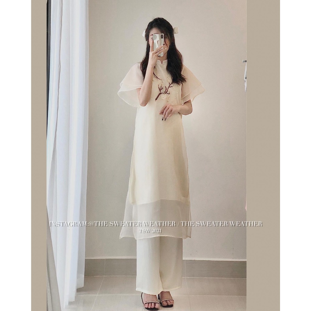 Set áo dài tơ hoa đào thêu nổi chất voan sước,Áo dài cách tân Tết tay ngắn 2 lớp bồng đính hoa kèm quần lụa GUM OFFICIAL