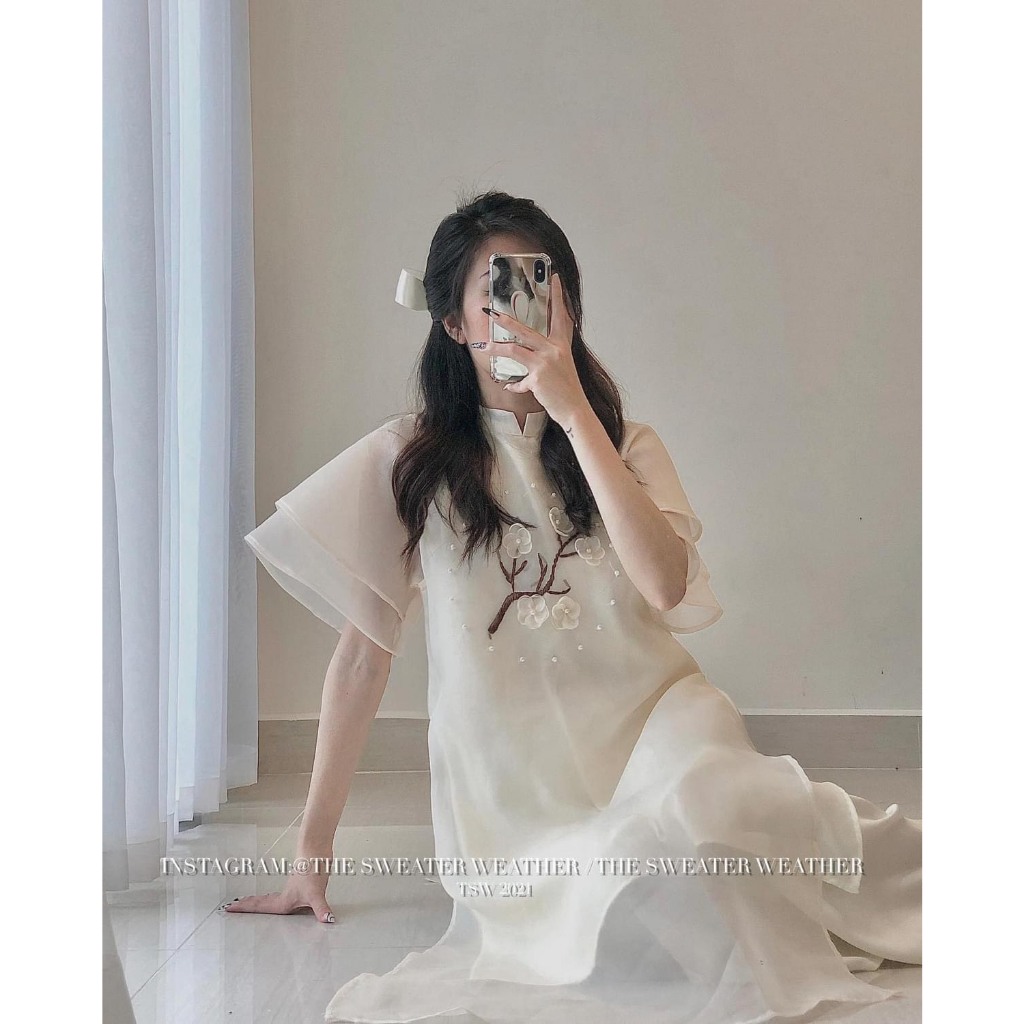 Set áo dài tơ hoa đào thêu nổi chất voan sước,Áo dài cách tân Tết tay ngắn 2 lớp bồng đính hoa kèm quần lụa GUM OFFICIAL