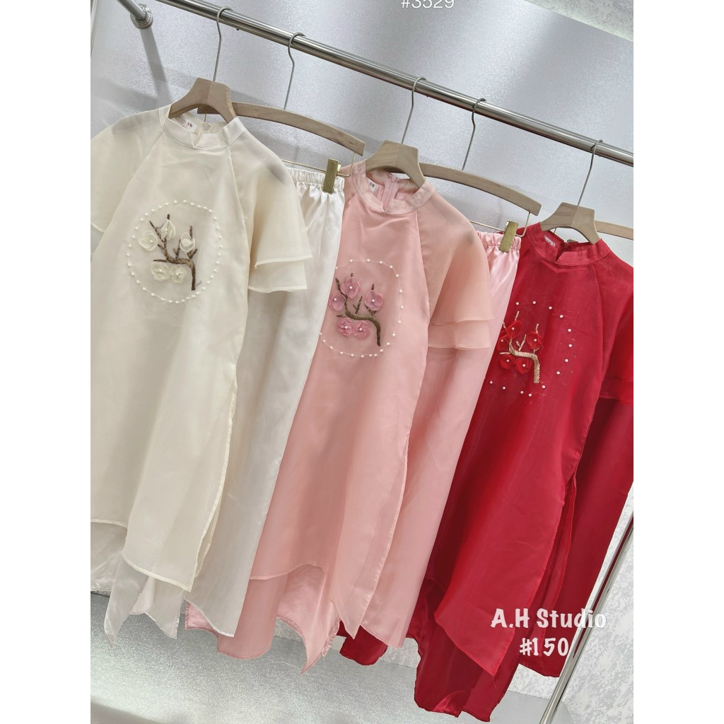 Set áo dài tơ hoa đào thêu nổi chất voan sước,Áo dài cách tân Tết tay ngắn 2 lớp bồng đính hoa kèm quần lụa GUM OFFICIAL