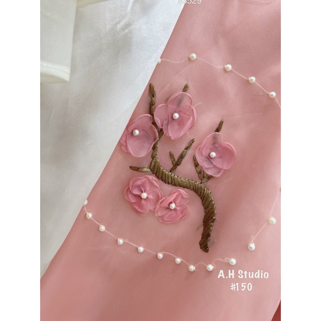 Set áo dài tơ hoa đào thêu nổi chất voan sước,Áo dài cách tân Tết tay ngắn 2 lớp bồng đính hoa kèm quần lụa GUM OFFICIAL