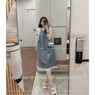 Đầm jean kiểu dáng suông phối viền ren trắng sát nách kèm túi hàng đẹpp QC!transstore90