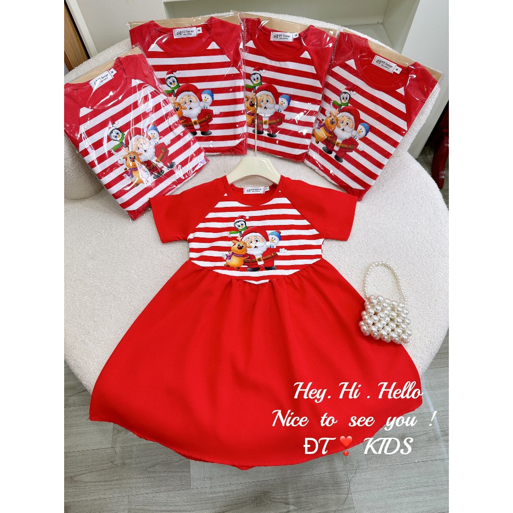 Váy bé gái - đầm noel kẻ sọc tay ngắn cho bé gái 8-24kg