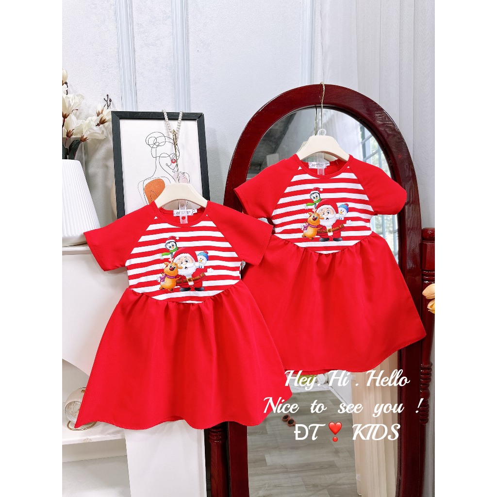 Váy bé gái - đầm noel kẻ sọc tay ngắn cho bé gái 8-24kg