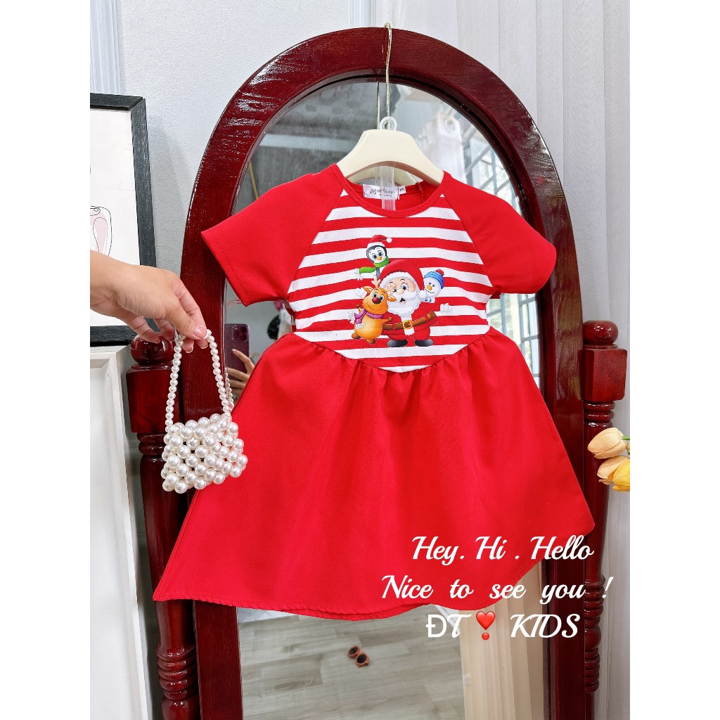 Váy bé gái - đầm noel kẻ sọc tay ngắn cho bé gái 8-24kg