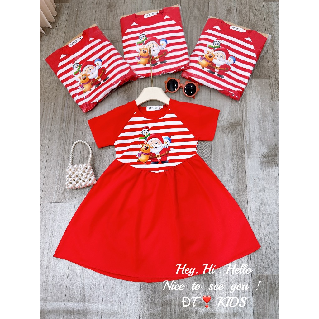 Váy bé gái - đầm noel kẻ sọc tay ngắn cho bé gái 8-24kg