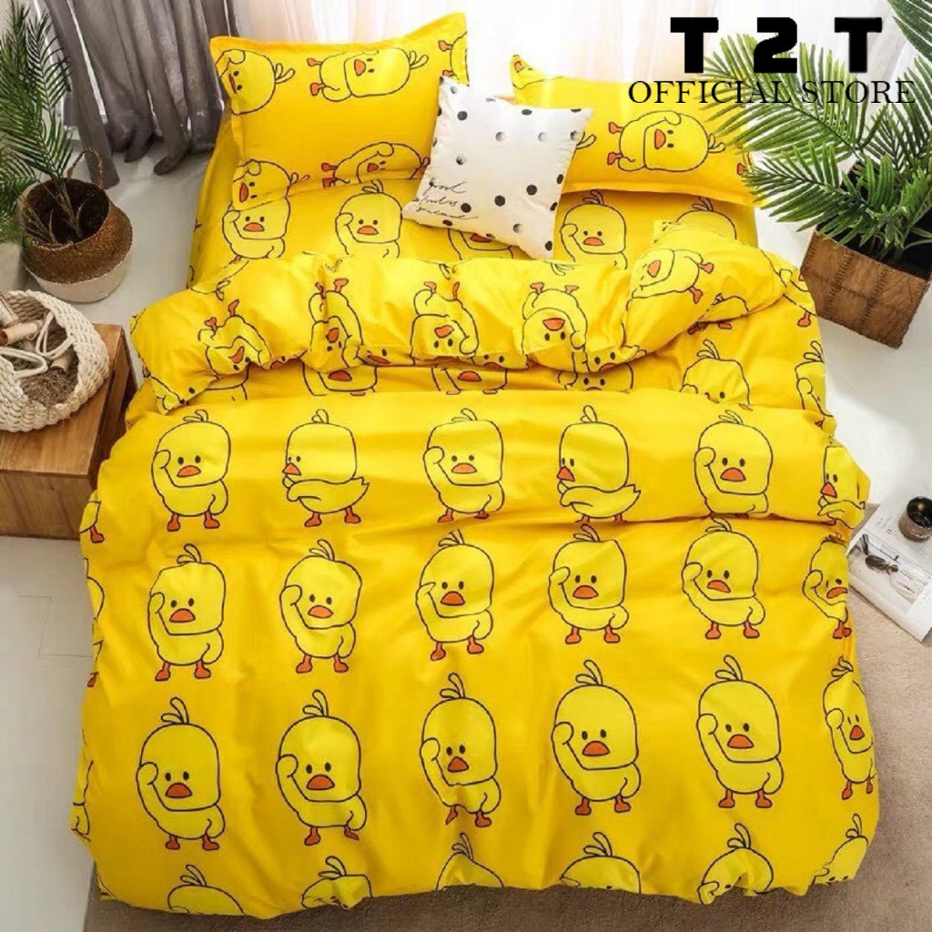 Bộ chăn ga gối phao vịt vàng cotton poly T2T đầy đủ kích cỡ m2/m6/m8/2m2 đệm cao dưới 12p