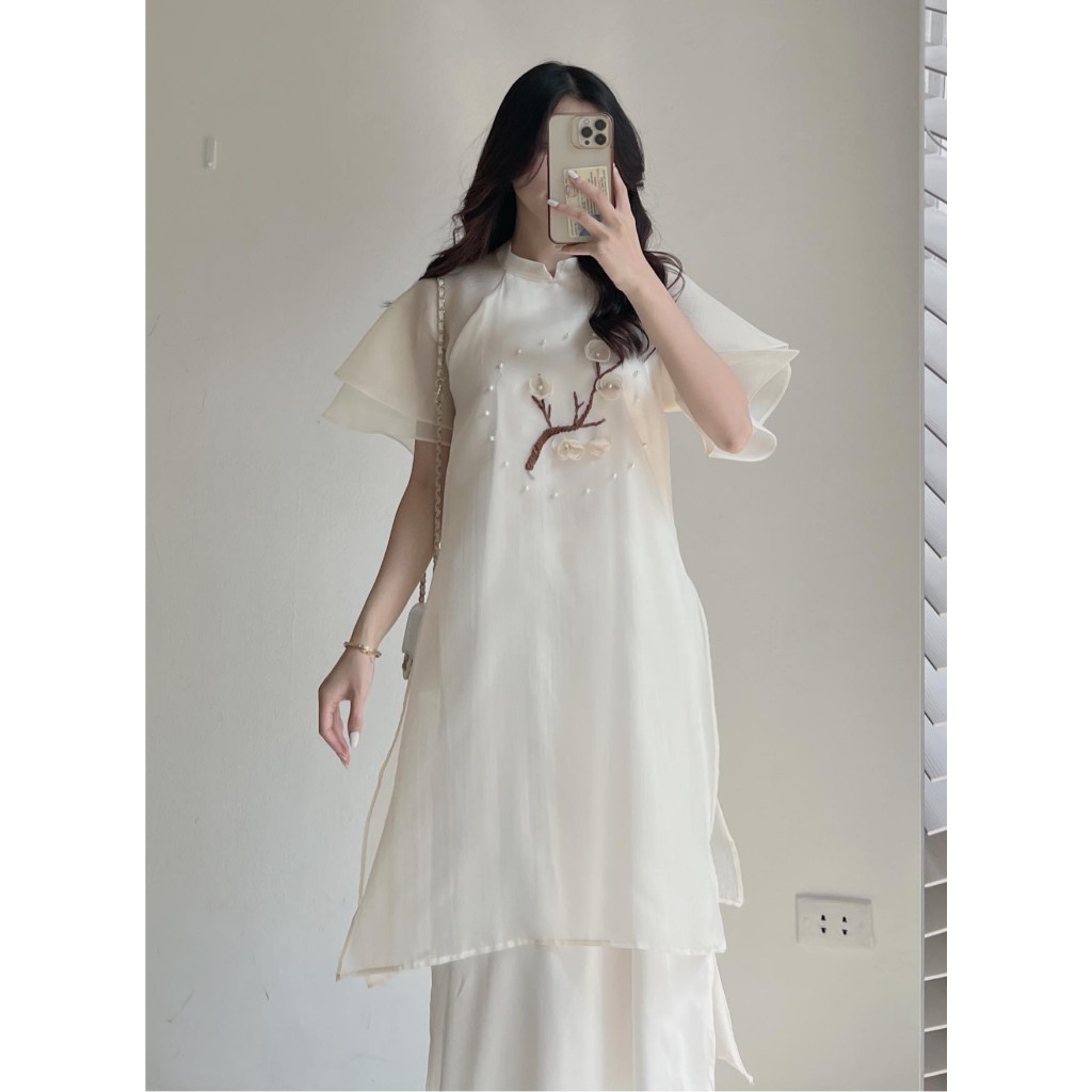 Set áo dài tơ hoa đào thêu nổi chất voan sước,Áo dài cách tân Tết tay ngắn 2 lớp bồng đính hoa kèm quần lụa GUM OFFICIAL