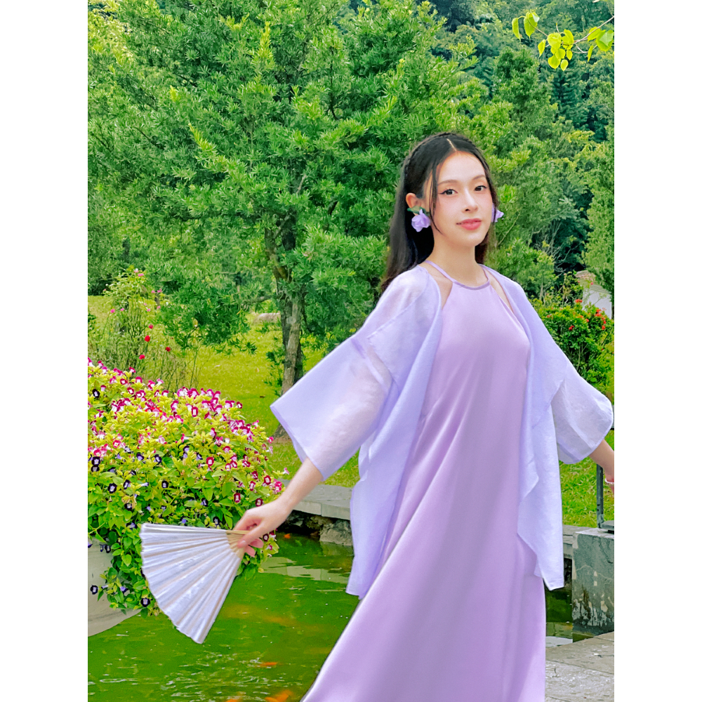 Sumire Store Áo khoác tơ Vân Thanh - Tím nhạt ẩn hoa