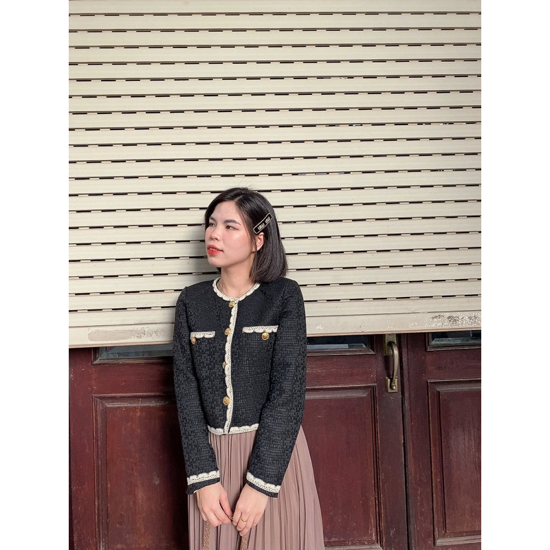Áo dạ tweed tròn viền ren xinh yêu