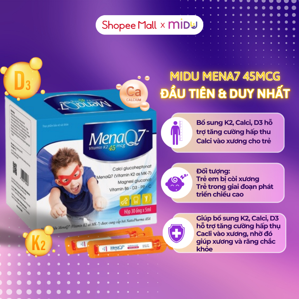 MIDU MENA7 45mcg dạng ống độ tuổi từ 6-12 tuổi bổ sung K2, Calci