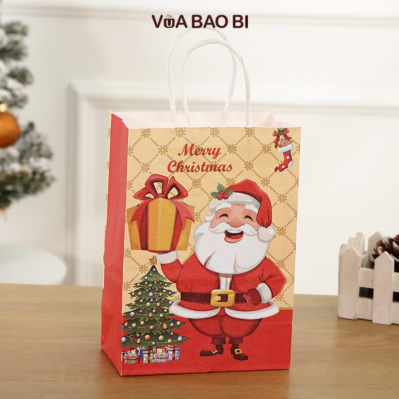 Túi giấy Giáng sinh màu đỏ TU11 quai xách, túi quà Noel hình người tuyết, ông già noel, cây thông đẹp mắt