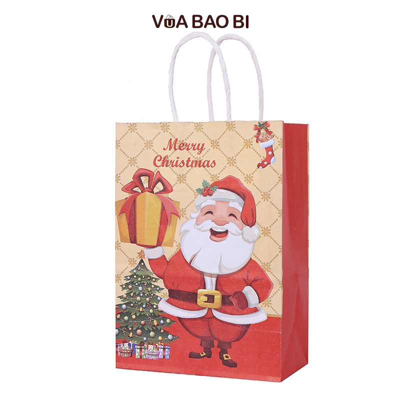 Túi giấy Giáng sinh màu đỏ TU11 quai xách, túi quà Noel hình người tuyết, ông già noel, cây thông đẹp mắt