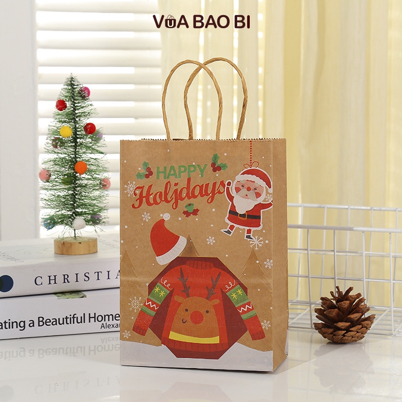 Túi giấy Giáng sinh màu kraft TU12 túi quà tặng Noel nền nâu xi măng hình cây thông, người tuyết, ông già noel