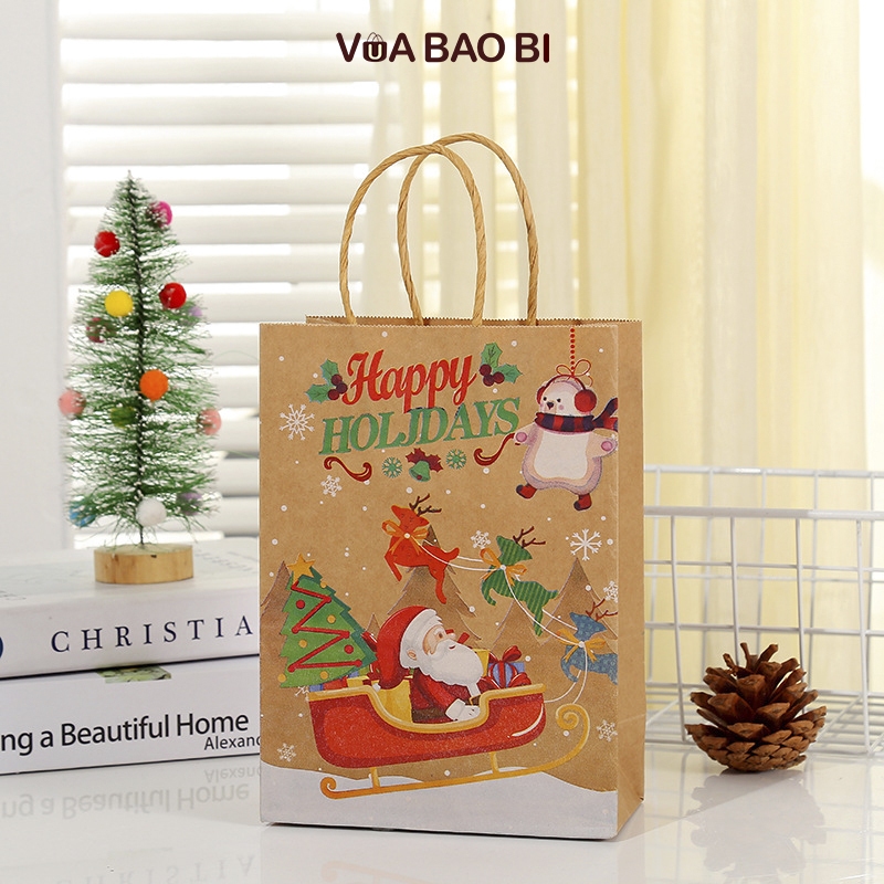 Túi giấy Giáng sinh màu kraft TU12 túi quà tặng Noel nền nâu xi măng hình cây thông, người tuyết, ông già noel