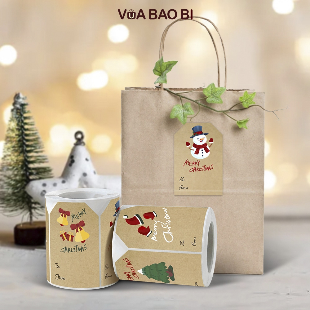 Cuộn 250 decal Noel quà tặng 5*7.5cm nền kraft From To TE40 sticker tem dán Giáng sinh ghi tên người gửi - nhận quà