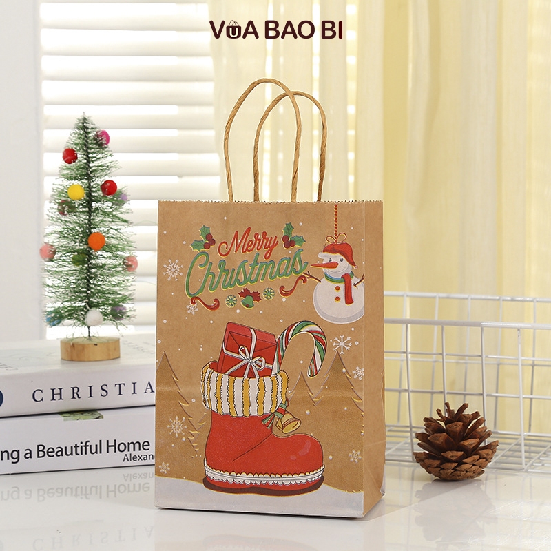 Túi giấy Giáng sinh màu kraft TU12 túi quà tặng Noel nền nâu xi măng hình cây thông, người tuyết, ông già noel
