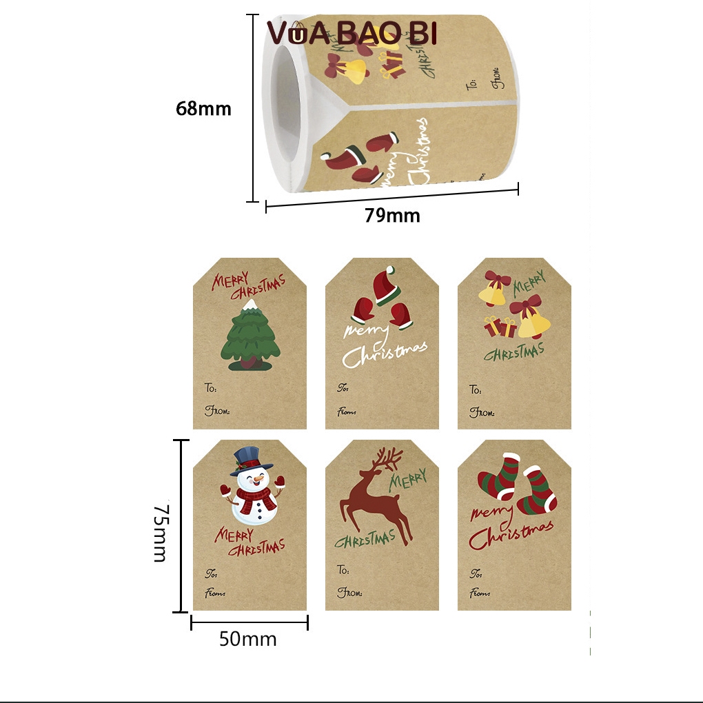 Cuộn 250 decal Noel quà tặng 5*7.5cm nền kraft From To TE40 sticker tem dán Giáng sinh ghi tên người gửi - nhận quà