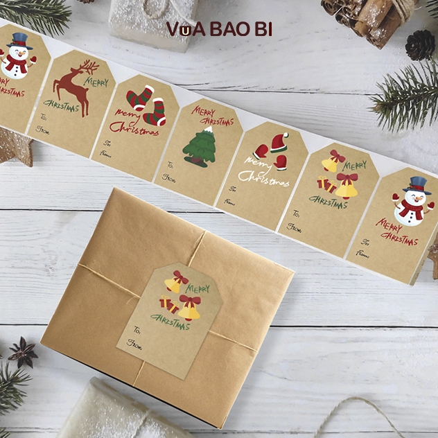 Cuộn 250 decal Noel quà tặng 5*7.5cm nền kraft From To TE40 sticker tem dán Giáng sinh ghi tên người gửi - nhận quà