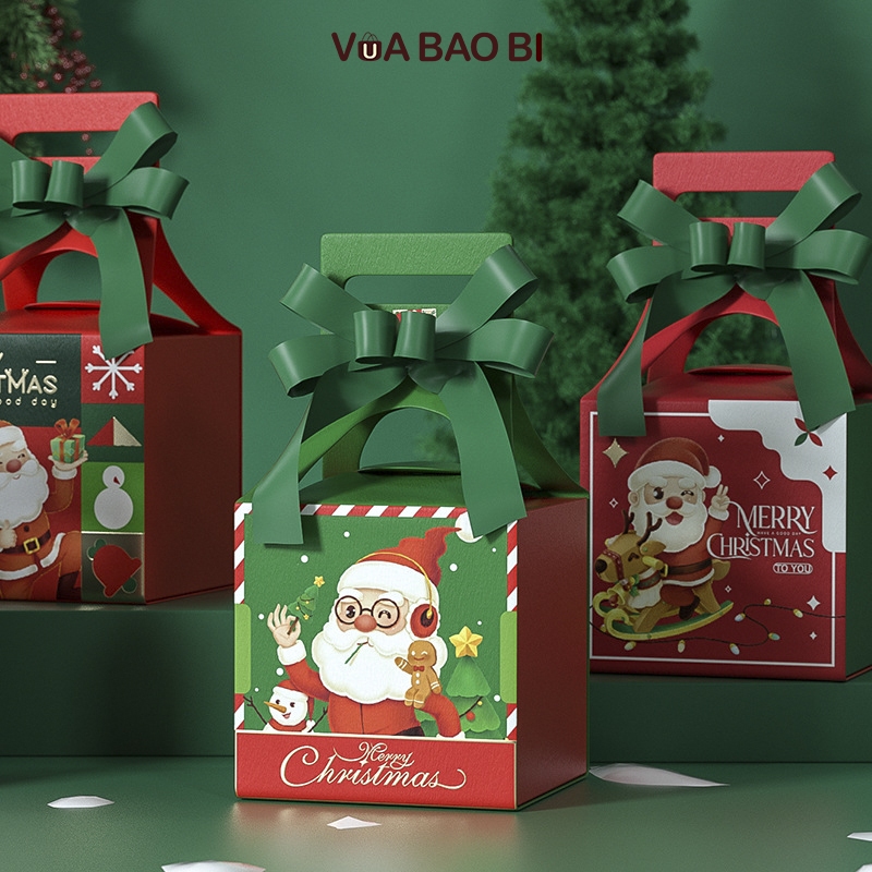Hộp quà Noel vuông 10cm quai xách H31 hộp giấy mini Giáng sinh quai cầm dễ thương