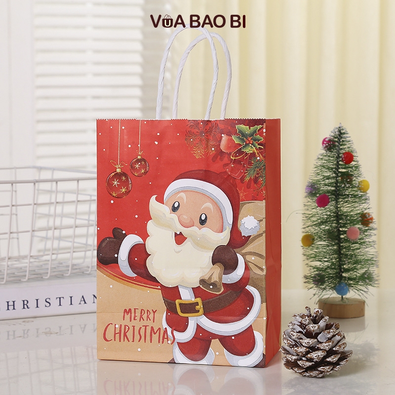 Túi giấy Giáng sinh màu đỏ TU11 quai xách, túi quà Noel hình người tuyết, ông già noel, cây thông đẹp mắt