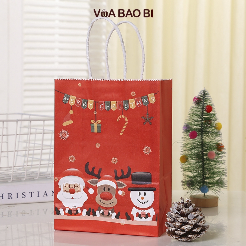 Túi giấy Giáng sinh màu đỏ TU11 quai xách, túi quà Noel hình người tuyết, ông già noel, cây thông đẹp mắt