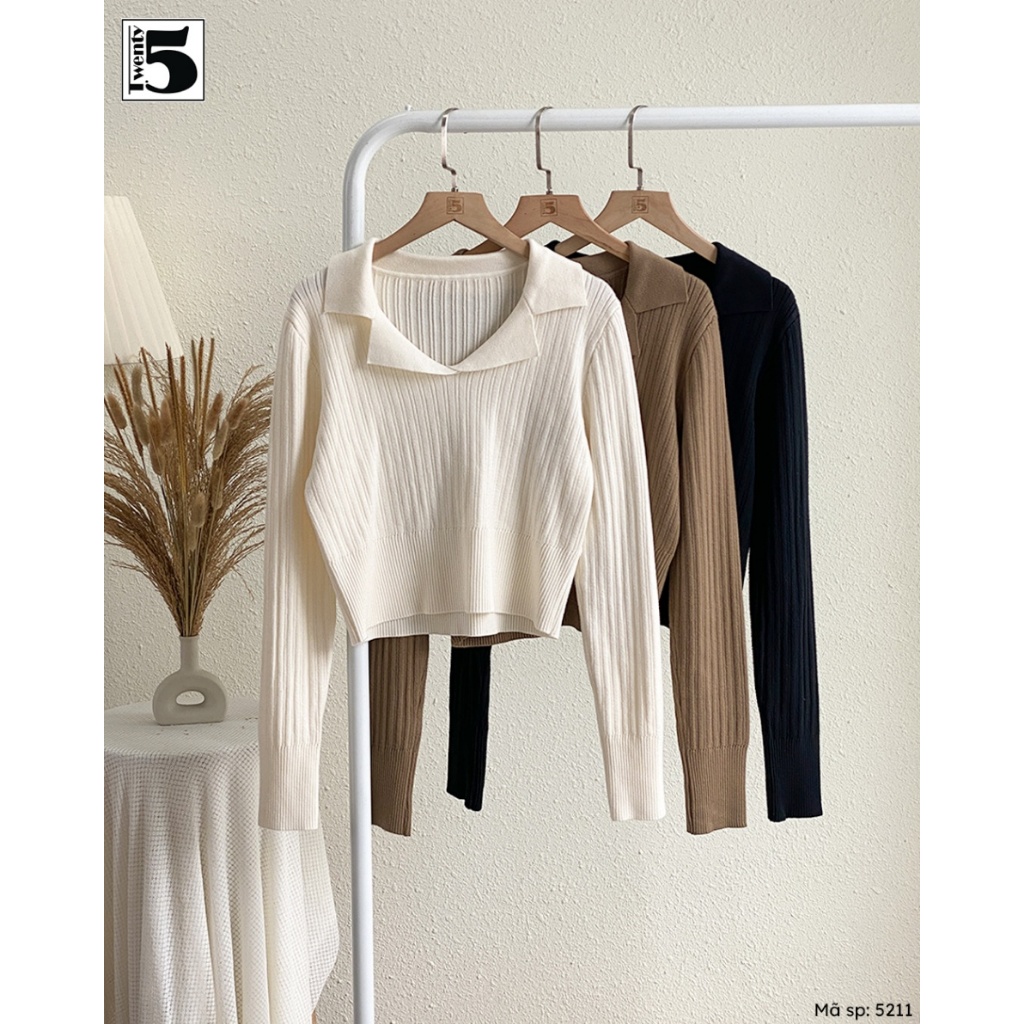 Áo len nữ Twentyfive dáng rộng vừa croptop cổ V bẻ vải gân dày đanh bo viền 5211