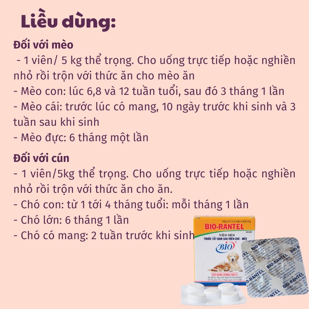 Viên Xổ Giun Sán Cho Chó Mèo Bio-Rantel 1 Viên Và 5 Viên - KIKINO