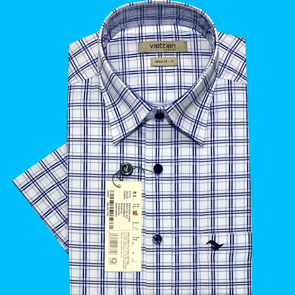 Viettien - Áo sơ mi nam ngắn tay xẻ tà vạt ngang Bamboo spun Ca rô Xanh trắng 6S0016 Regular