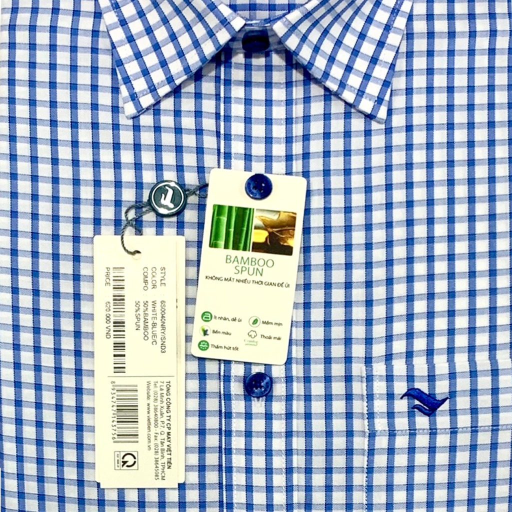 Viettien - Áo sơ mi nam ngắn tay xẻ tà vạt ngang Bamboo spun Ca rô Xanh trắng 6S0040 Regular