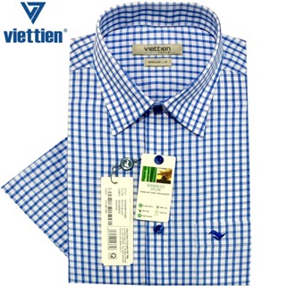 Viettien - Áo sơ mi nam ngắn tay xẻ tà vạt ngang Bamboo spun Ca rô Xanh trắng 6S0040 Regular